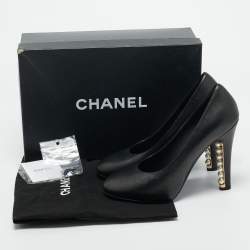 Pre Owned Chanel Black Leather CC Pearl Embellished Heel Pumps Size 39
