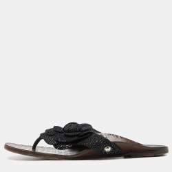 Pre Owned Chanel Black Metallic Suede Camellia Thong Sandals Size 35