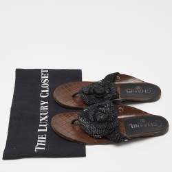 Pre Owned Chanel Black Metallic Suede Camellia Thong Sandals Size 35