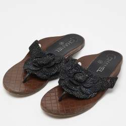 Pre Owned Chanel Black Metallic Suede Camellia Thong Sandals Size 35