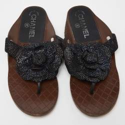 Pre Owned Chanel Black Metallic Suede Camellia Thong Sandals Size 35