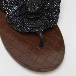 Pre Owned Chanel Black Metallic Suede Camellia Thong Sandals Size 35