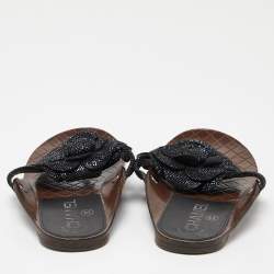 Pre Owned Chanel Black Metallic Suede Camellia Thong Sandals Size 35