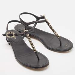 Chanel Black Leather T-Strap Flat Thong Sandals Size 39