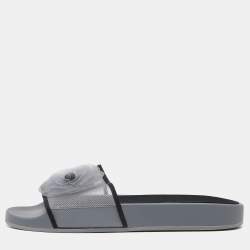 Chanel Grey/Black Mesh Camellia Slide Flat Sandals Size 39