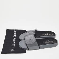 Chanel Grey/Black Mesh Camellia Slide Flat Sandals Size 39