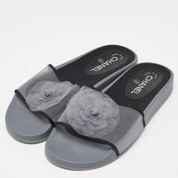 Chanel Grey/Black Mesh Camellia Slide Flat Sandals Size 39