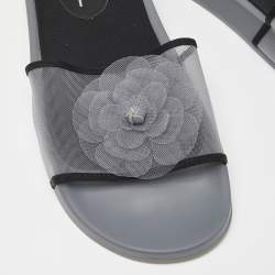 Chanel Grey/Black Mesh Camellia Slide Flat Sandals Size 39