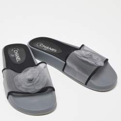 Chanel Grey/Black Mesh Camellia Slide Flat Sandals Size 39