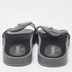 Chanel Grey/Black Mesh Camellia Slide Flat Sandals Size 39