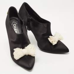 Chanel Black Satin CC Bow Pointed Toe Booties Size 36