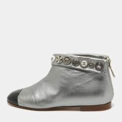 Pre Owned Chanel Silver/Black Leather Studded Ankle Boots Size 36