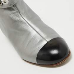 Pre Owned Chanel Silver/Black Leather Studded Ankle Boots Size 36