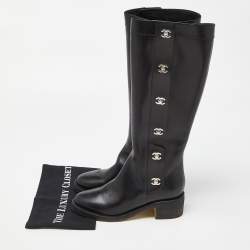 Pre Owned Chanel Black Leather CC Turn Lock Knee High Boots Size 39