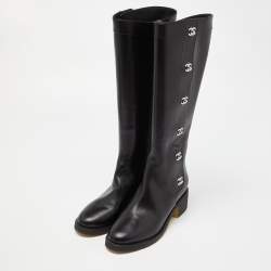 Pre Owned Chanel Black Leather CC Turn Lock Knee High Boots Size 39