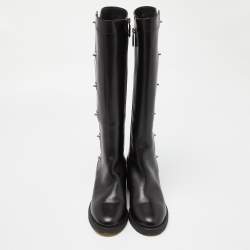 Pre Owned Chanel Black Leather CC Turn Lock Knee High Boots Size 39