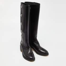 Pre Owned Chanel Black Leather CC Turn Lock Knee High Boots Size 39
