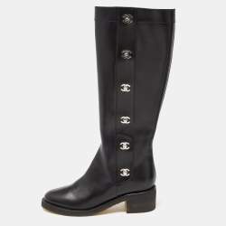 Pre Owned Chanel Black Leather CC Turn Lock Knee High Boots Size 39