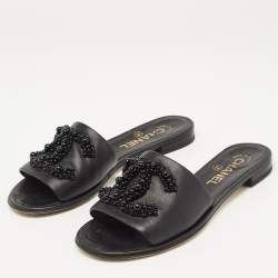 Chanel Black Leather Embellished CC Flat Slides Size 36