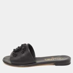 Chanel Black Leather Embellished CC Flat Slides Size 36