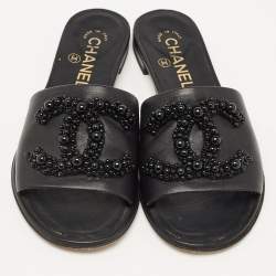 Chanel Black Leather Embellished CC Flat Slides Size 36
