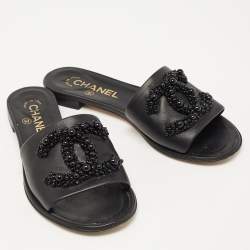 Chanel Black Leather Embellished CC Flat Slides Size 36