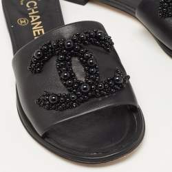 Chanel Black Leather Embellished CC Flat Slides Size 36