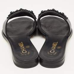 Chanel Black Leather Embellished CC Flat Slides Size 36