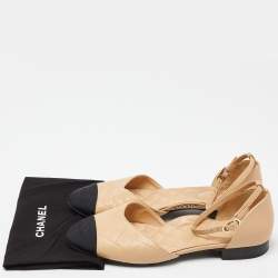 Chanel Beige/Black Leather and Fabric Cap Toe CC D'orsay Flats Size 39
