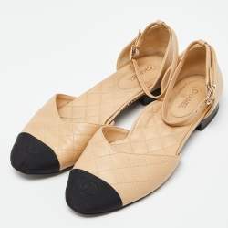 Chanel Beige/Black Leather and Fabric Cap Toe CC D'orsay Flats Size 39