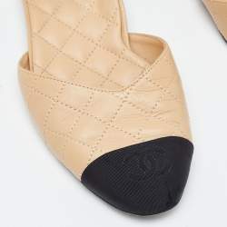 Chanel Beige/Black Leather and Fabric Cap Toe CC D'orsay Flats Size 39