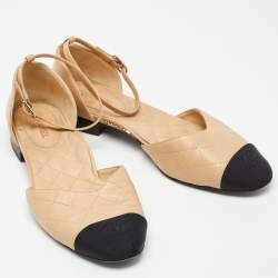 Chanel Beige/Black Leather and Fabric Cap Toe CC D'orsay Flats Size 39