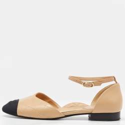 Chanel Beige/Black Leather and Fabric Cap Toe CC D'orsay Flats Size 39