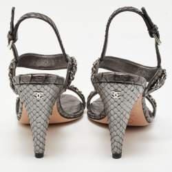 Chanel Metallic Grey Python Chain Detail Ankle Strap Sandals Size 39