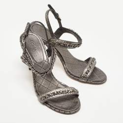 Chanel Metallic Grey Python Chain Detail Ankle Strap Sandals Size 39