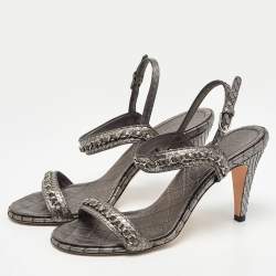 Chanel Metallic Grey Python Chain Detail Ankle Strap Sandals Size 39