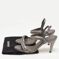 Chanel Metallic Grey Python Chain Detail Ankle Strap Sandals Size 39