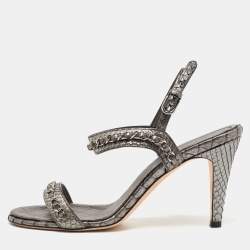 Chanel Metallic Grey Python Chain Detail Ankle Strap Sandals Size 39