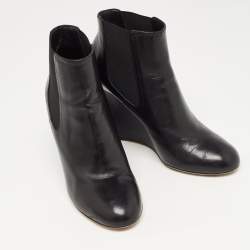 Pre Owned Chanel Black Leather Round Toe Pearl Embellished CC Wedge Boots Size 38