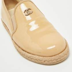 Chanel Beige Patent Leather CC Espadrille Loafers Size 36.5