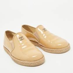 Chanel Beige Patent Leather CC Espadrille Loafers Size 36.5