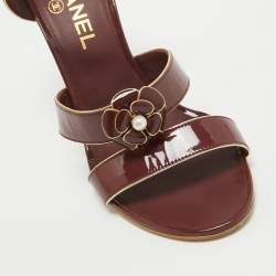 Chanel Burgundy Patent Camelia Ankle Strap Sandals Size 39