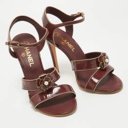 Chanel Burgundy Patent Camelia Ankle Strap Sandals Size 39