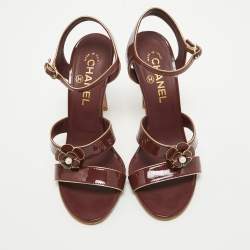 Chanel Burgundy Patent Camelia Ankle Strap Sandals Size 39