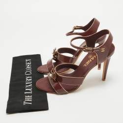 Chanel Burgundy Patent Camelia Ankle Strap Sandals Size 39