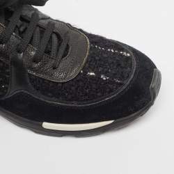 Chanel Black Suede and Tweed Interlocking CC Logo Low Top Sneakers Size 40.5