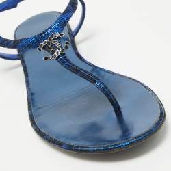 Chanel Blue Suede CC Studded Thong Sandals Size 41