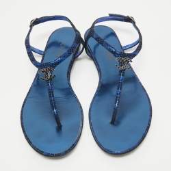 Chanel Blue Suede CC Studded Thong Sandals Size 41