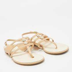 Chanel Beige Leather Embellished Ankle Strap Flat Sandals Size 36