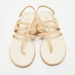 Chanel Beige Leather Embellished Ankle Strap Flat Sandals Size 36